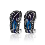 Blue Enamel Scalloped Edge Earrings w/Marcasite